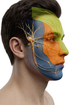 Cutaneous innervation of the trigeminal nerve (CN V). Sensory branches on the face: ophthalmic (V1), maxillary (V2) and mandibular (V3) divisions with their dermatomes. Generative AI illustration
