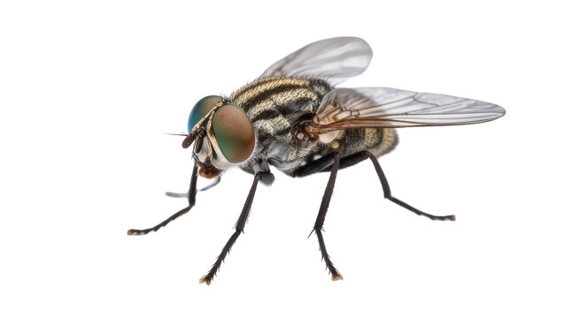Detailed striped housefly with gray wings and dark legs