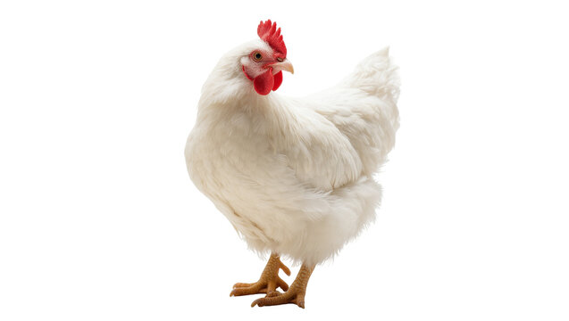 White fluffy hen with red comb and legs standing