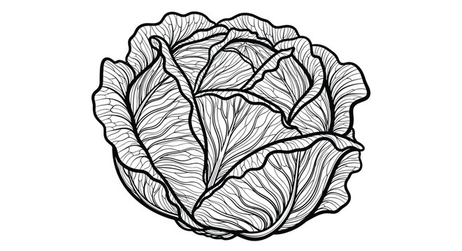 Detailed hand-drawn line art illustration captures the intricate textures and layered leaves of a fresh cabbage head in an engraving style.