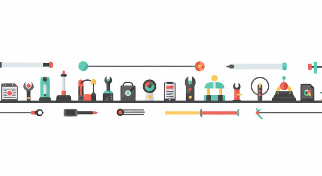 Collection of Tools and Equipment Icons Arranged in a Line.