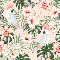 Tropical cockatoo parrots, hibiscus, orchid flowers, palm leaves, blush background. Seamless pattern. Vector illustration. Exotic plants, birds. Summer beach design. Paradise nature © ojardin