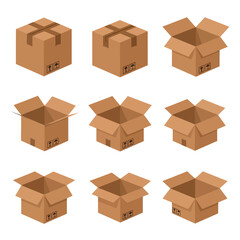 Fototapeta premium Cardboard Boxes Set: Closed, Open, and Empty Shipping Containers Icons