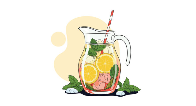 Refreshing glass pitcher of homemade lemonade filled with ice, lemon slices, and fresh mint leaves is perfect for a hot summer day hydration.