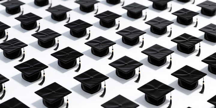 A repeating pattern of black graduation caps with square tops and long black tassels arranged on a grid pattern on a white background.