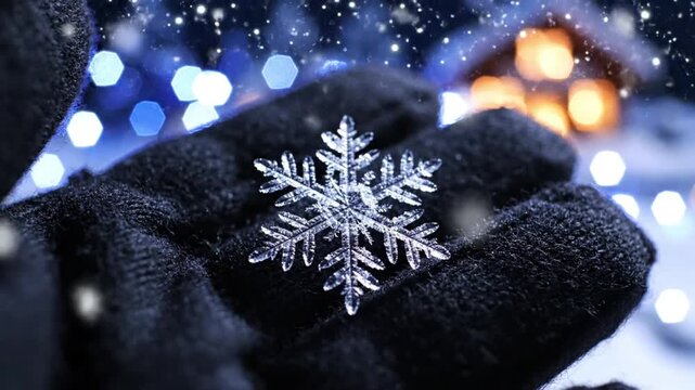 Captivating snowflake close-up winter wonderland photo cozy ambient handheld view nature's unique beauty