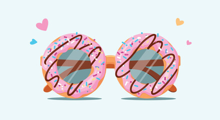 Fototapeta premium Fun party sunglasses feature frames shaped like pink glazed donuts with colorful sprinkles and dark lenses on a light blue background.