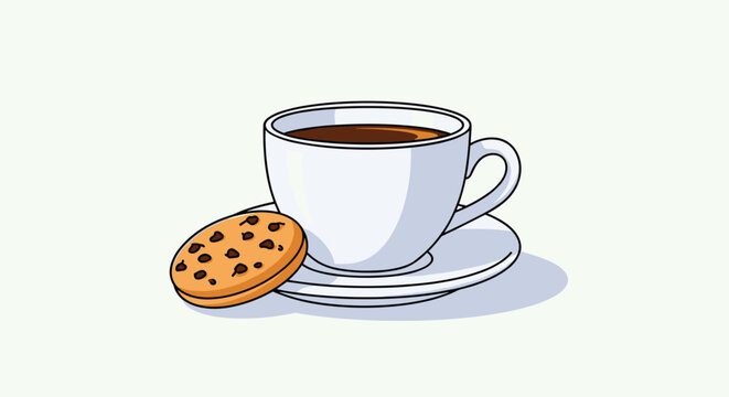 Cup of hot black coffee on a white saucer is served next to a delicious chocolate chip cookie in a clean and simple lifestyle illustration.