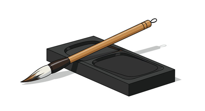 Traditional Asian calligraphy tools including a long wooden brush resting across a black stone ink slab with two square ink wells.