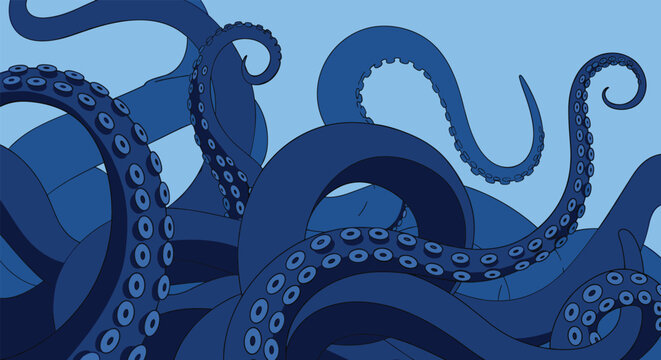 Numerous dark blue octopus tentacles with prominent suction cups reaching upwards against a solid light blue ocean water background.