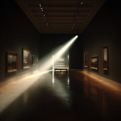 Naklejka premium AI Curating Art Museum with Holographic Selections in an Empty Gallery under Dramatic Overhead Spotlights