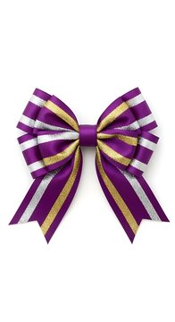 Elegant purple, gold, and silver striped satin bow, a decorative accent