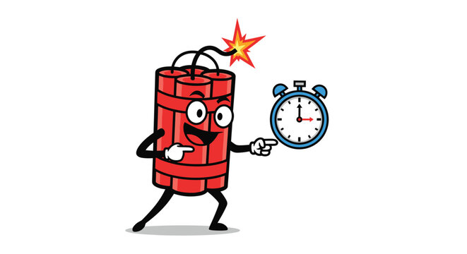 Humoristic cartoon character made of red dynamite sticks with a lit fuse pointing towards a blue alarm clock on a white background.
