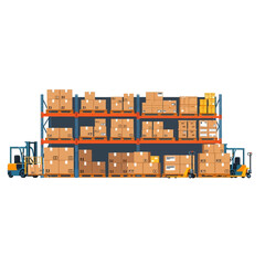 Fototapeta premium Warehouse interior with stacked boxes and forklifts, logistics and storage concept