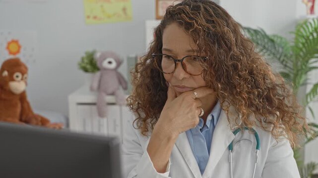 Woman doctor wearing glasses and white coat with stethoscope at computer, hand on chin, surrounded by stuffed toys and children's drawings in clinic building; focus.