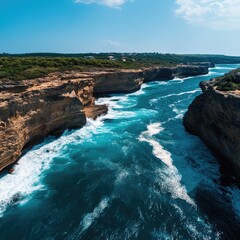 Fototapeta premium Majestic Waves Crashing on Rugged Coastal Rocks.