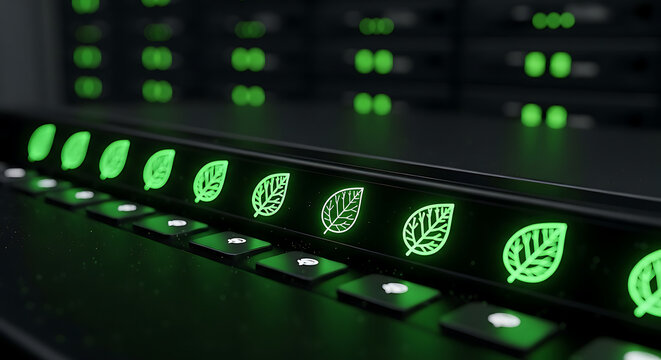 Green illuminated power button row on modern electronic device in dark tech environment