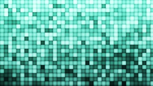 Shining square block pixel led wall, glowing neon blinking tiles on dark backdrop, retro mosaic pattern motion graphics loop for party and festive event intro. 4k video