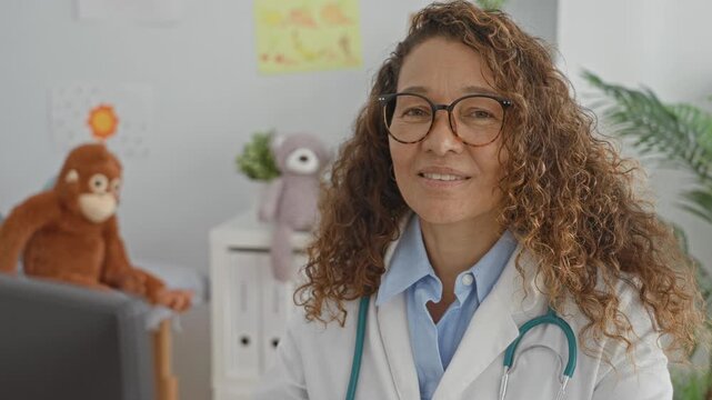 Woman doctor with stethoscope smiles at computer in pediatric clinic building; compassion professionalism trust.
