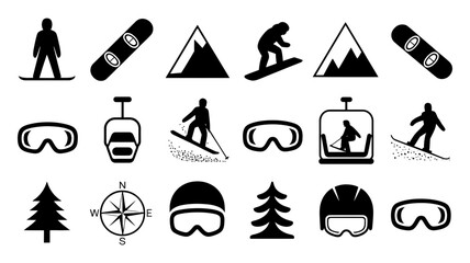 Fototapeta premium Winter sports and mountain adventure black silhouette icons set with skiing and snowboarding elements