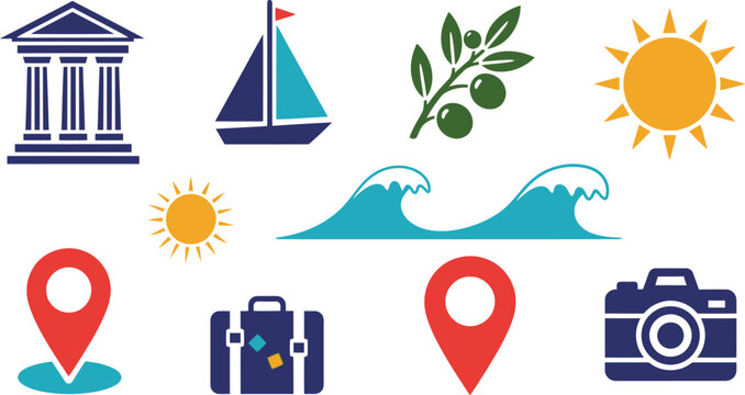 Set of colorful travel and vacation icons featuring a temple sailboat olive branch sun waves location pins luggage and camera