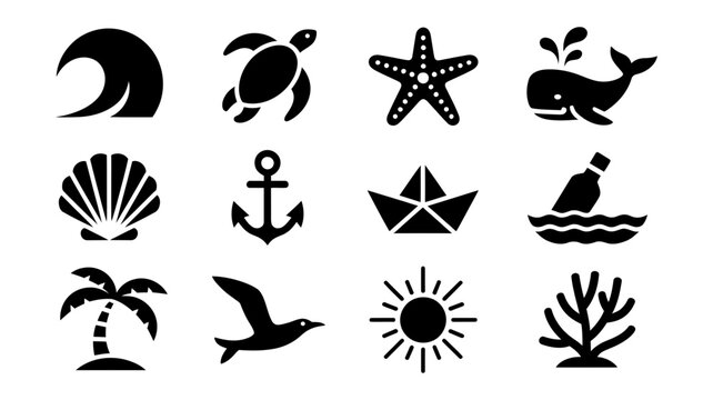 Ocean and beach summer holiday icons set with wave turtle starfish whale seashell anchor palm tree sun symbols