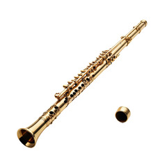 Obraz premium Shiny golden woodwind instrument, mouthpiece separate, against a black background