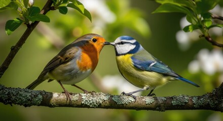 Fototapeta premium Charming pair of birds a vibrant orange and blue tit encounter in nature's embrace