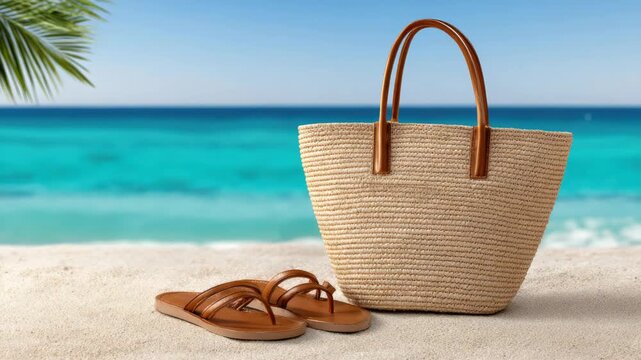 Luxurious beach vacation accessories featuring a natural woven straw bag and leather flip flops on white sand with a vibrant blue ocean and clear summer sky