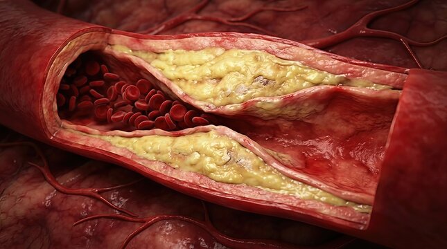 Vascular lumen narrowing: cholesterol deposit, artery wall, plaque formation, blood flow, cardiovascular risk, vessel damage, lipid imbalance.