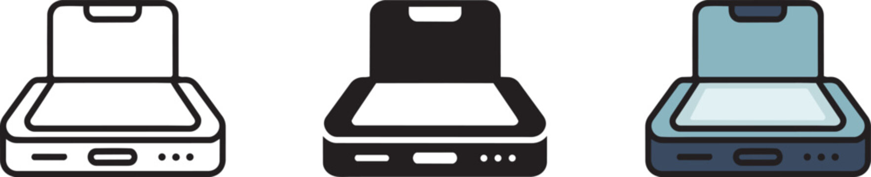 Scanner illustration in different styles line art flat and filled with blue accents with digital