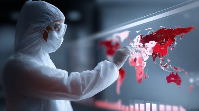 Epidemiologist tracks disease outbreaks and monitors global health trends on world map at health research center