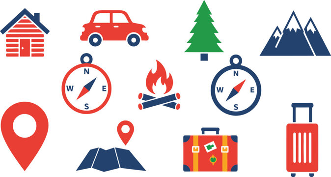 Set of travel and camping icons with cabin car mountain compass fire map and luggage for adventure and vacation design