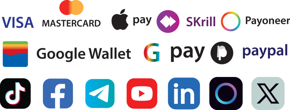 payment method logo set and checkout icons, logo company badges : Paypal, Visa, Skrill, Stripe, Alipay, Apple Pay, Google featuring professional vector symbols. global payment gateway and currency ico