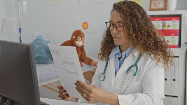 Woman doctor in lab coat with stethoscope reads printed report, fingers holding paper at computer in medical building; concentration.