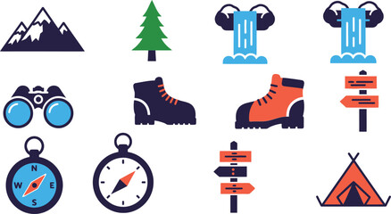 Set of colorful camping and hiking icons featuring mountains forest waterfall binoculars trekking boots compass and tent © azad
