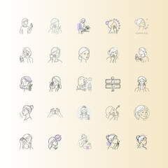 Fototapeta premium Skincare routine steps outline icon set or Woman applying products line art icons