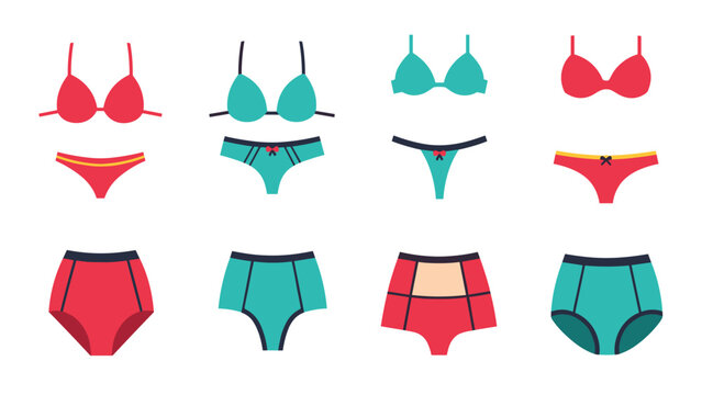 Variety of women's underwear sets including bras and different styles of panties in red and teal colors on a white background.