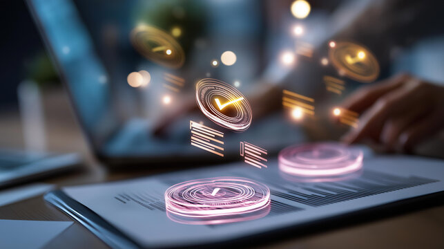 Floating hologram composition of glowing approval stamp icons floating above a clean bright surface with project files approval workflow project sign off manager approval
