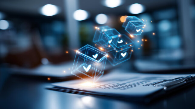 Floating hologram composition of glowing approval stamp icons floating above a clean bright surface with project files approval workflow project sign off manager approval