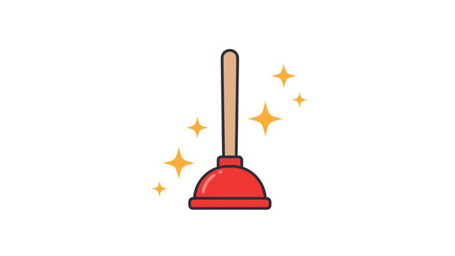 Clean red plunger with wooden handle surrounded by yellow sparkles representing hygiene and plumbing service on white background.
