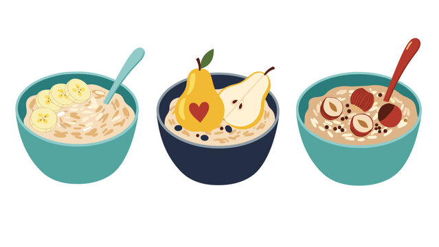 Three bowls of healthy oatmeal porridge topped with sliced banana pear and nuts arranged on a plain white background.