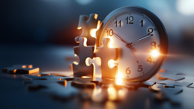 Abstract dramatic composition of glowing puzzle pieces fitting together to form a stylized clock face on a bright clean gradient backdrop time management fitting pieces project