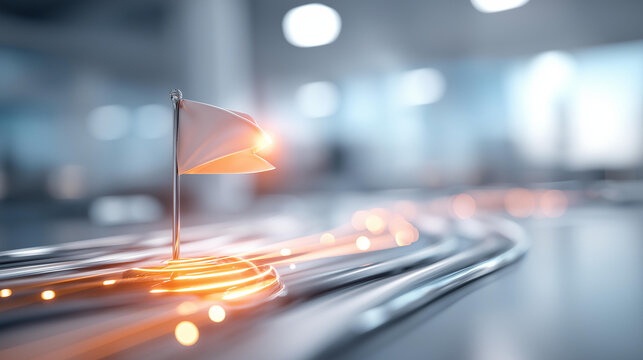 Floating hologram composition of a glowing milestone flag emerging from a stylized timeline track on a bright clean surface milestone reach project achievement timeline