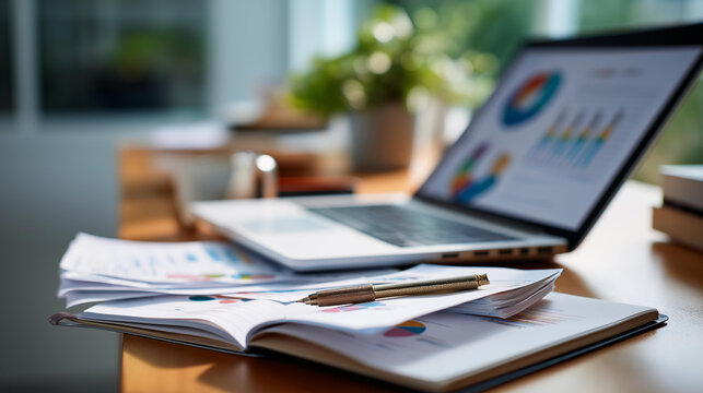Overhead flat lay of a laptop with a project status report on screen a printed pie chart and a notebook with handwritten notes on a clean bright desk status report project