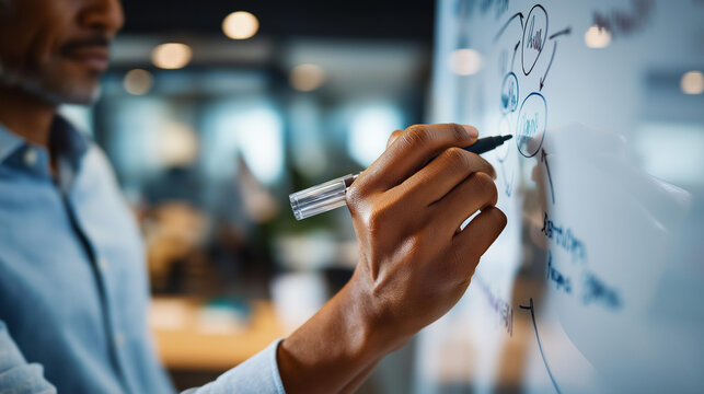 Close up of a hand drawing a flowchart diagram on a clean bright glass whiteboard with a marker softly defocused office behind flowchart drawing process mapping workflow