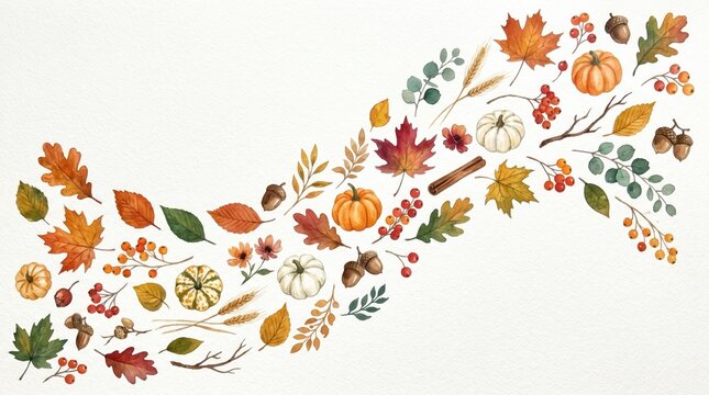 Watercolor painting of colorful fall leaves, pumpkins, gourds, and acorns arranged in a wave