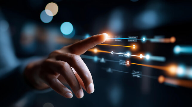 Close up of fingertips touching a glowing virtual roadmap timeline floating in a bright clean space with milestone icons and quarter markers product roadmap project timeline
