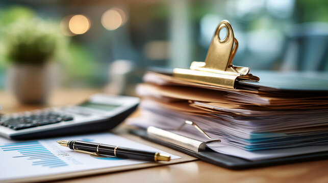 Overhead flat lay of a stack of project files a clipboard with progress chart a calculator and a fountain pen on a clean bright desk with softly defocused window project