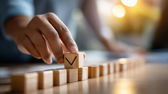 Close up of a hand placing a small wooden block with a checkmark icon onto a row of similar blocks on a clean bright surface milestone completion task done progress tracking